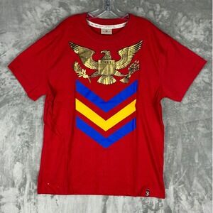 Cavi Mens Red‎ Graphic T-Shirt Eagle Crest Chevron Gold Blue Yellow 2XL
